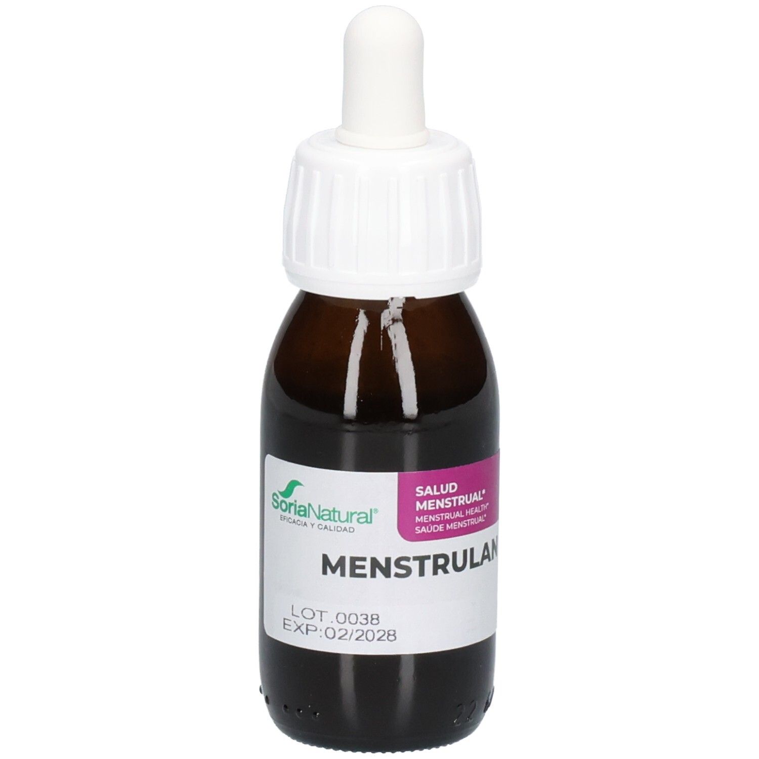 Flacon en verre brun avec bouchon et pipette blancs. Étiquette avec nom du produit Menstrulan et marque Soria Natural. Date de péremption.