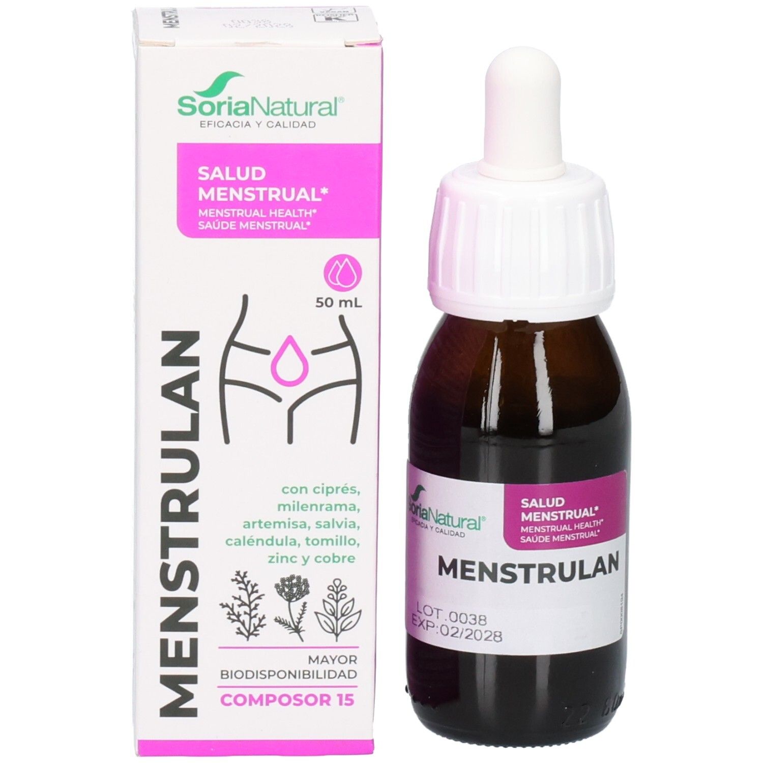 Flacon et emballage du produit. Flacon avec pipette. Emballage avec nom du produit Menstrulan et marque Soria Natural. 50 ml.