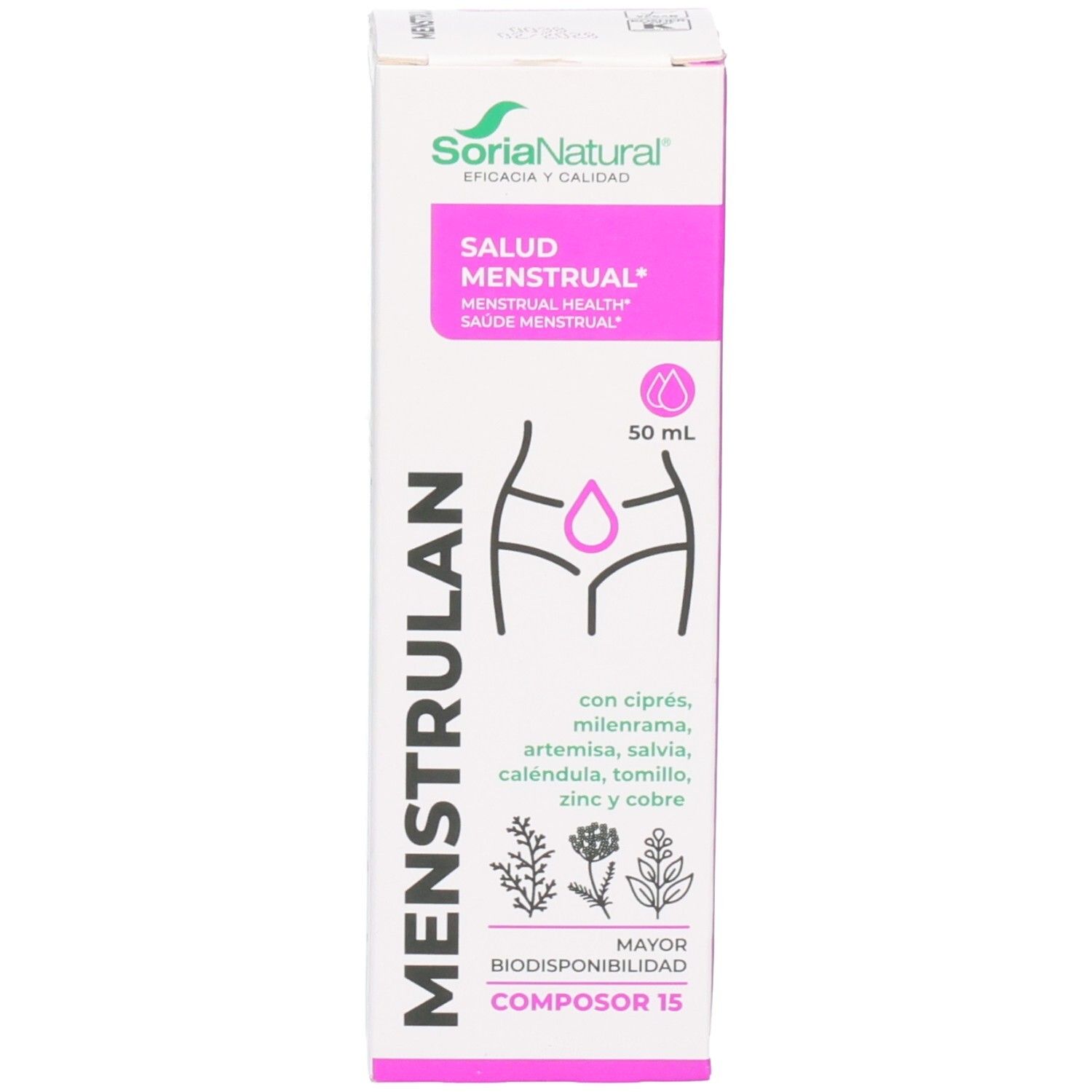 Emballage du produit. Emballage avec nom du produit Menstrulan et marque Soria Natural. 50 ml. Illustration d'une femme.
