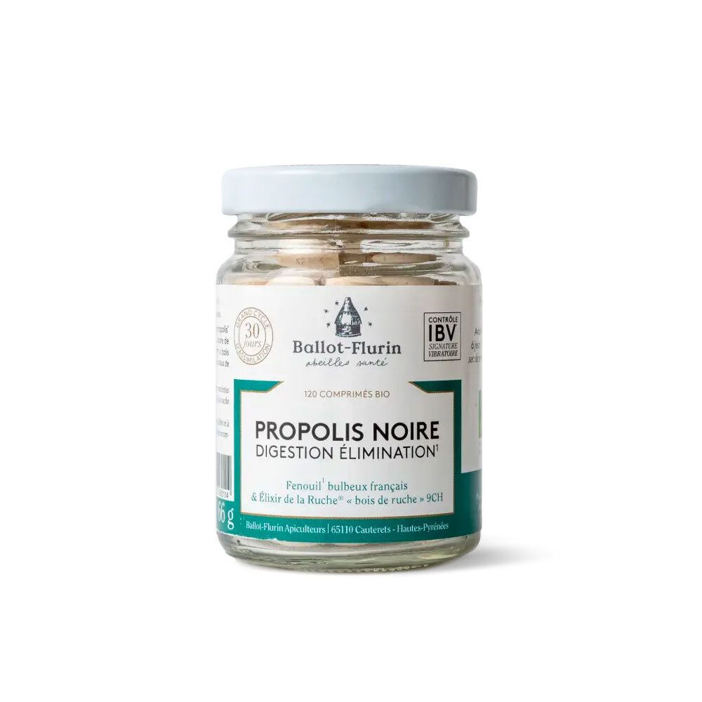 Glazen pot met tabletten. Opschrift: Propolis Noire, Digestion Élimination. Merk: Ballot-Flurin. Met IBV-zegel.