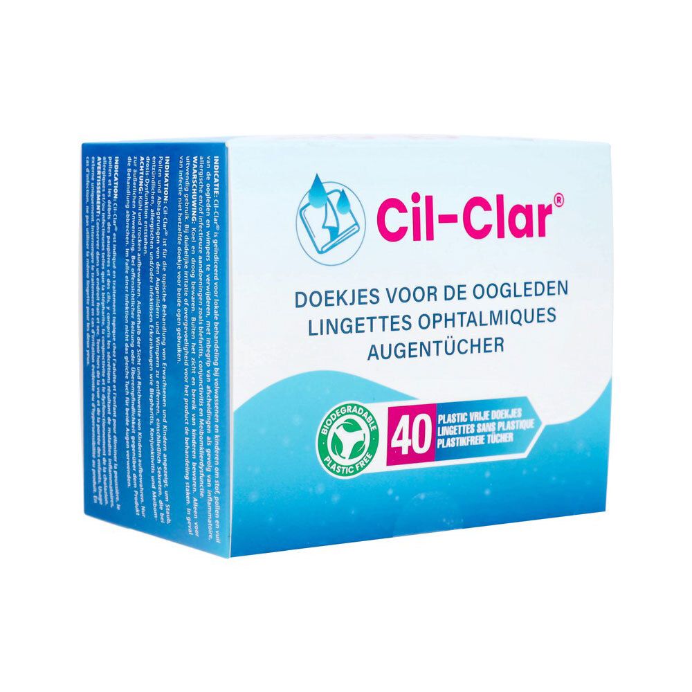 Verpakking van Cil-Clar oogreinigingsdoekjes, 40 stuks, biologisch afbreekbaar en plasticvrij.