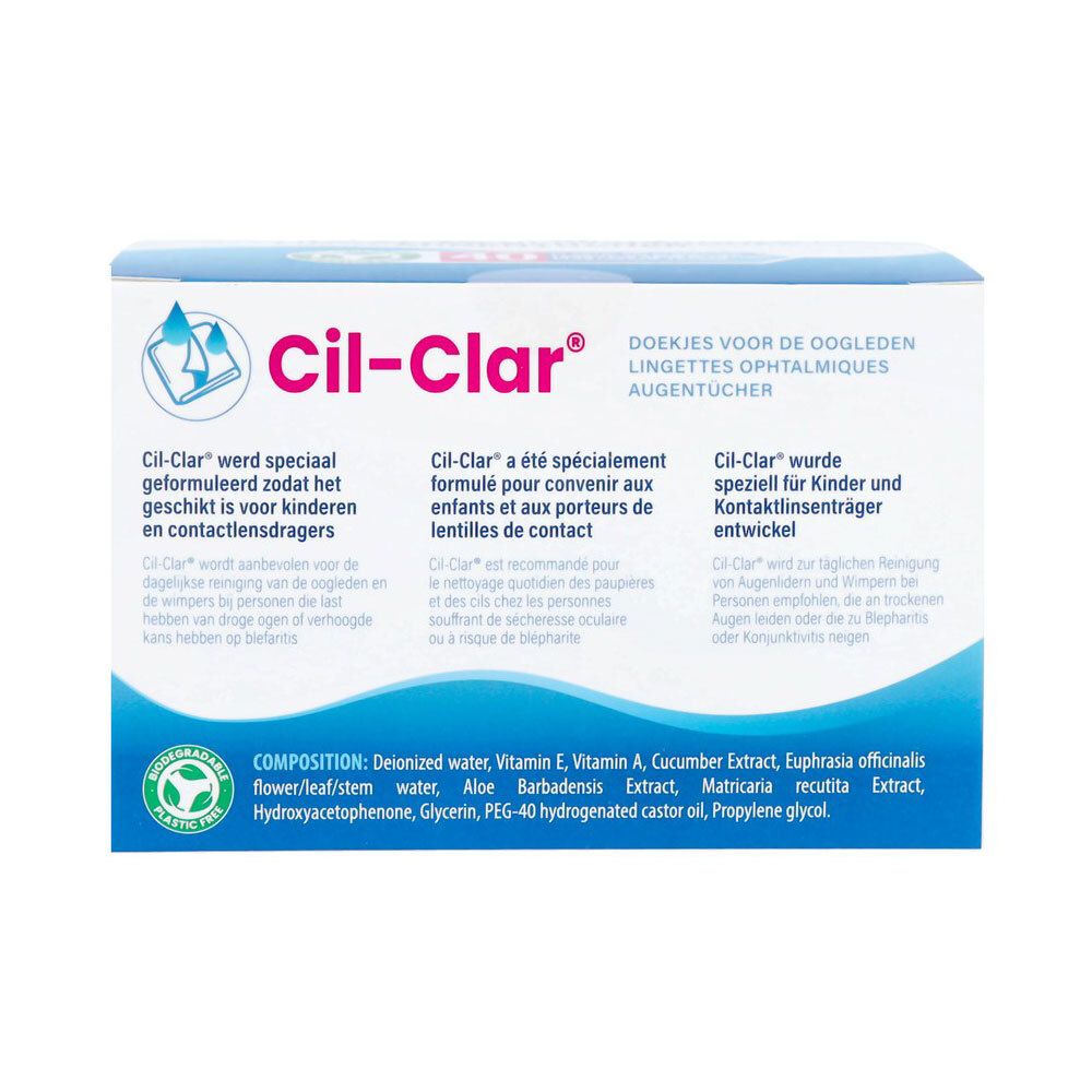 Achterkant van de Cil-Clar oogreinigingsdoekjes verpakking met productinformatie en ingrediënten.
