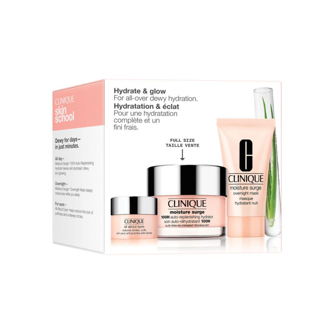 Coffret Clinique avec hydratant, crème yeux et masque nuit. Emballage rose.