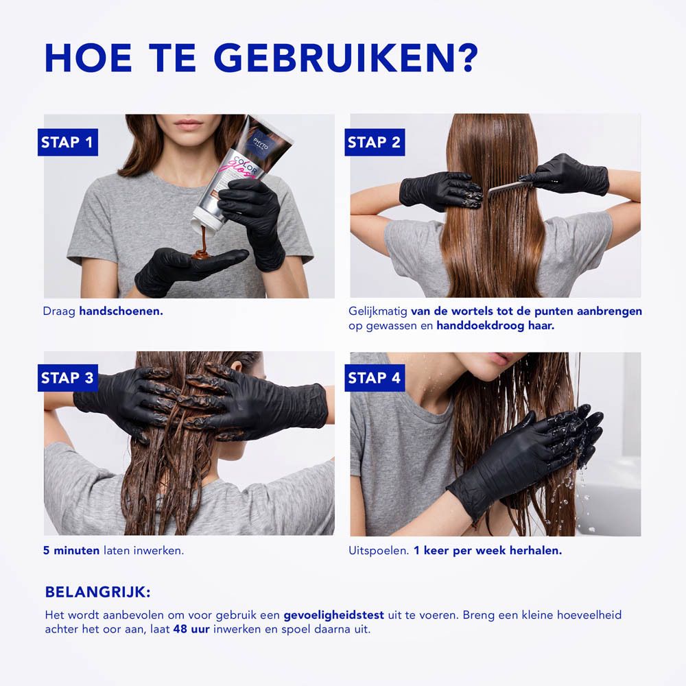 Haarkleuringsinstructies in vier stappen met handschoenen.