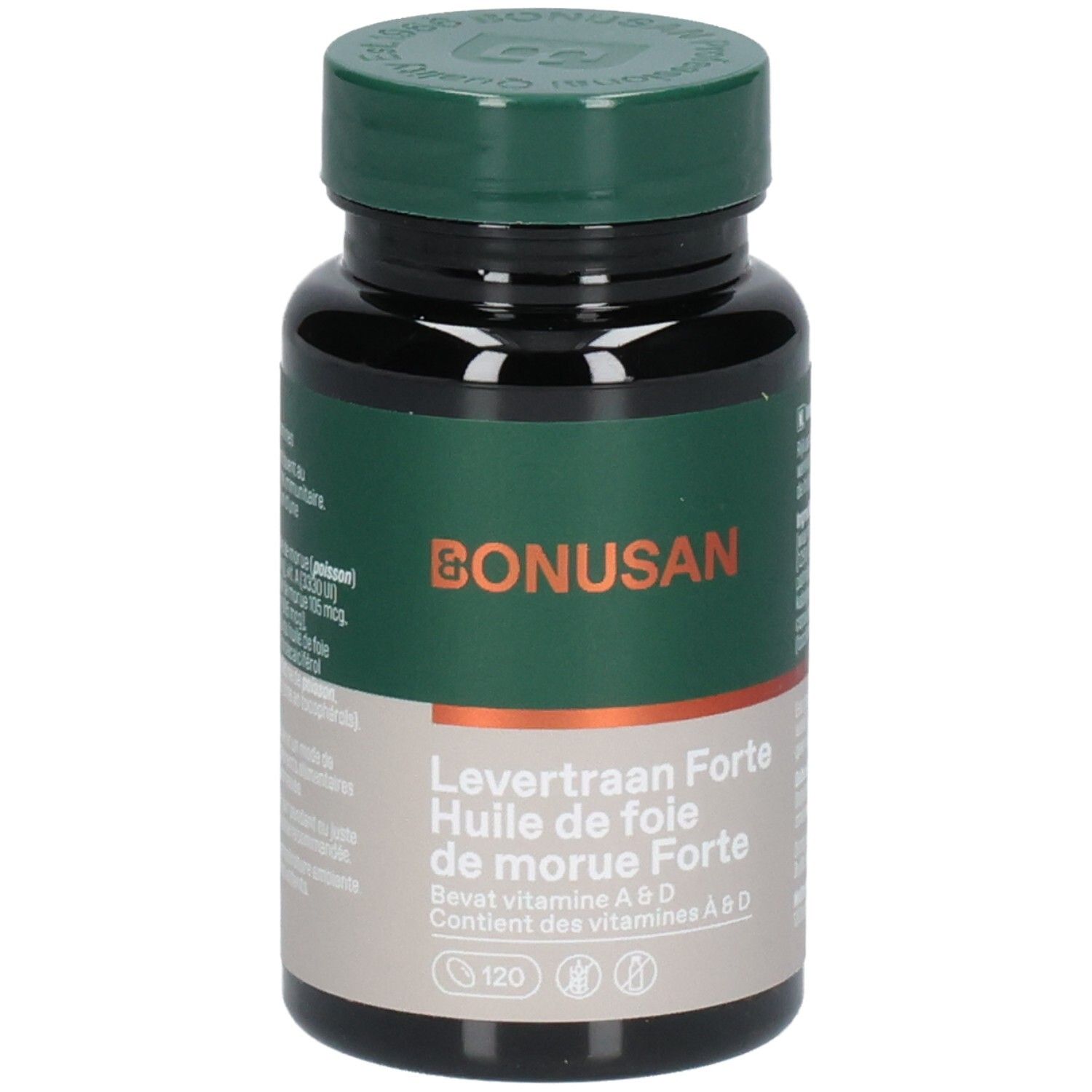 Zwarte fles met groene dop. Opschrift Bonusan, Levertraan Forte, Huile de foie de morue Forte. Bevat vitaminen A & D. 120 capsules.