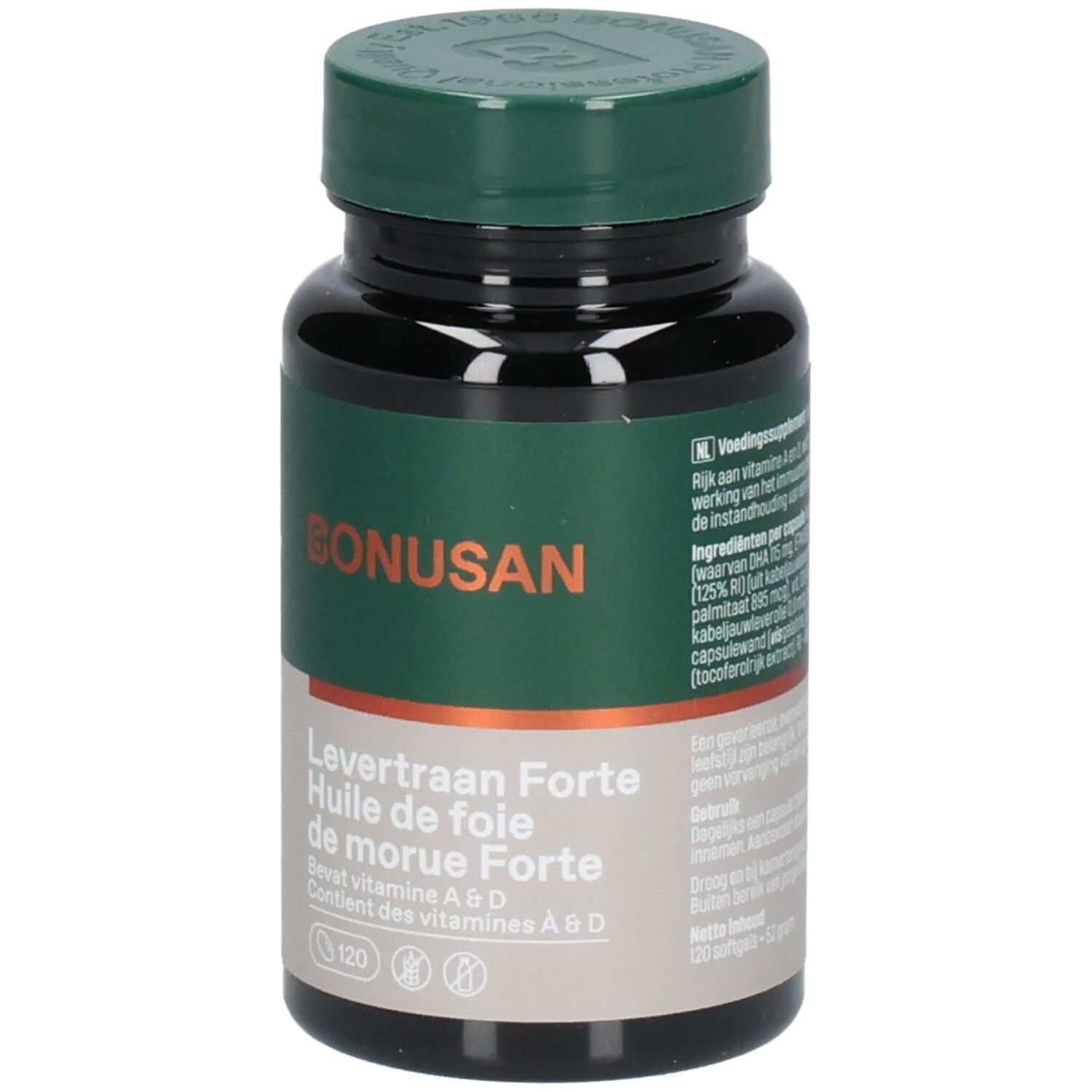 Zwarte fles met groene dop. Opschrift Bonusan, Levertraan Forte, Huile de foie de morue Forte. Bevat vitaminen A & D. 120 capsules.