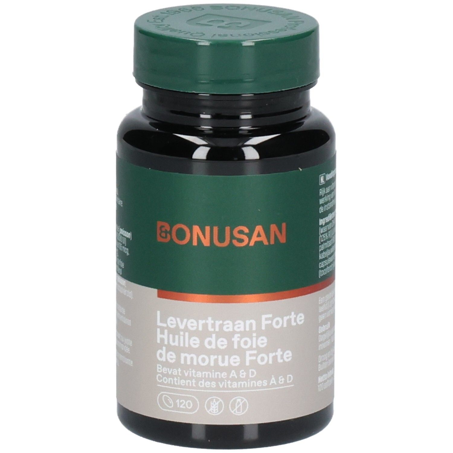Zwarte fles met groene dop. Opschrift Bonusan, Levertraan Forte, Huile de foie de morue Forte. Bevat vitaminen A & D. 120 capsules.