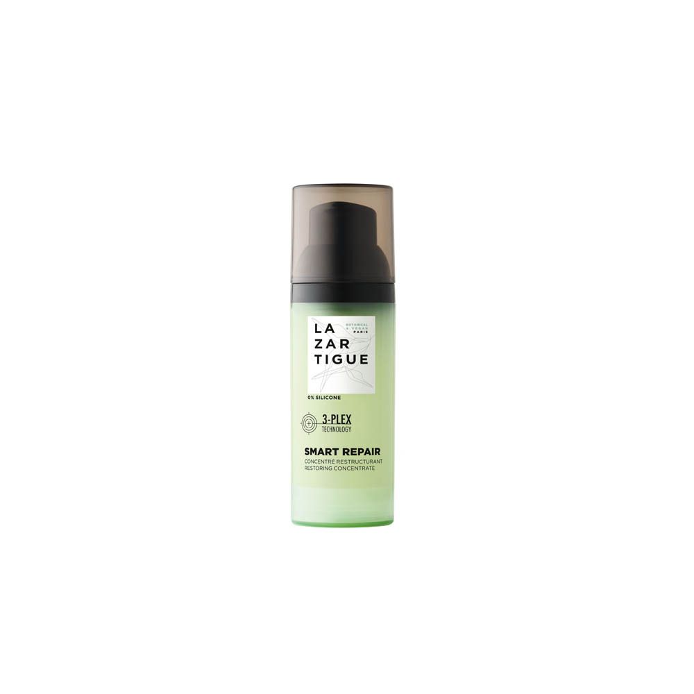 Flacon Lazartigue Smart Repair avec pompe. Liquide vert clair, pompe noire, capuchon transparent.