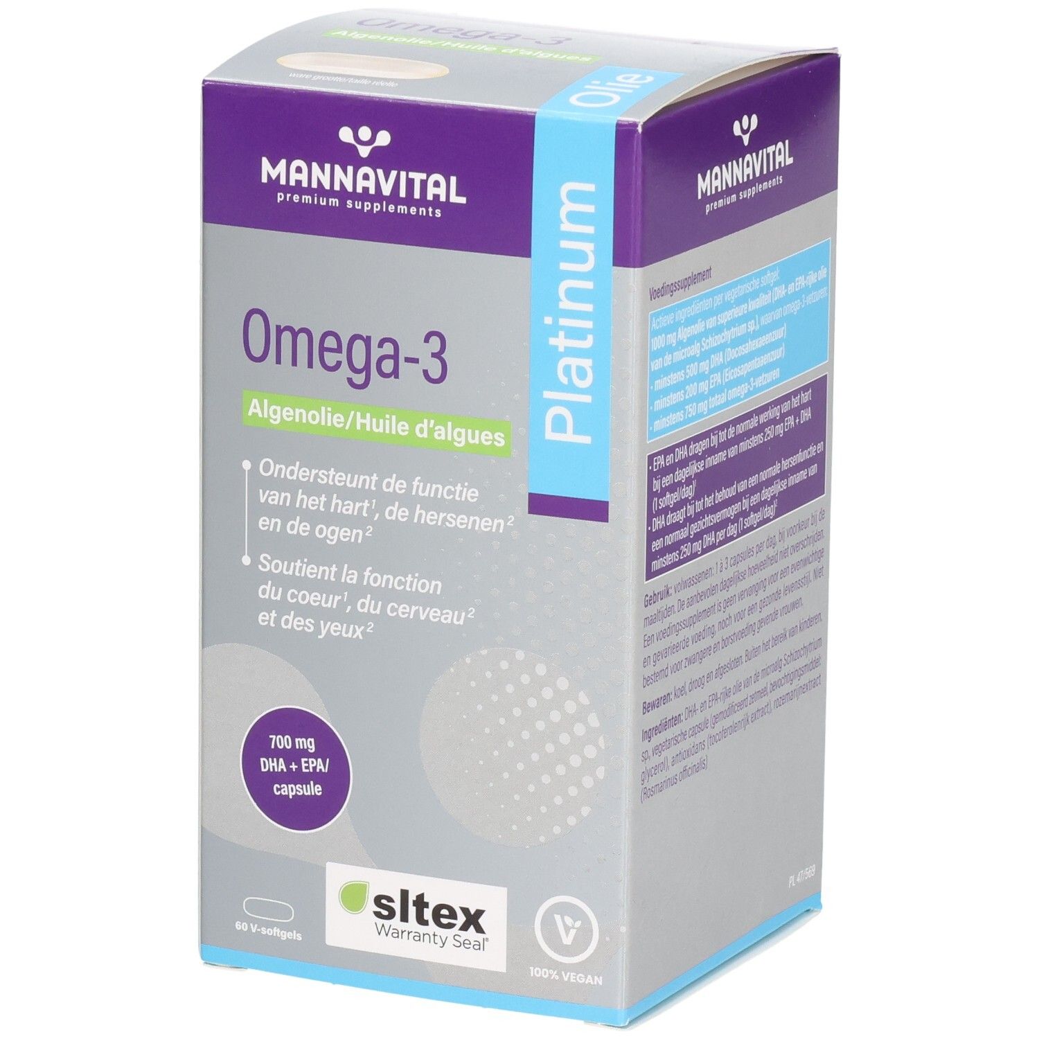 Kartonnen verpakking met productinformatie. Opschrift: Mannavital Omega-3 Platinum Algenolie. Bevat 60 V-softgels. Met certificering.