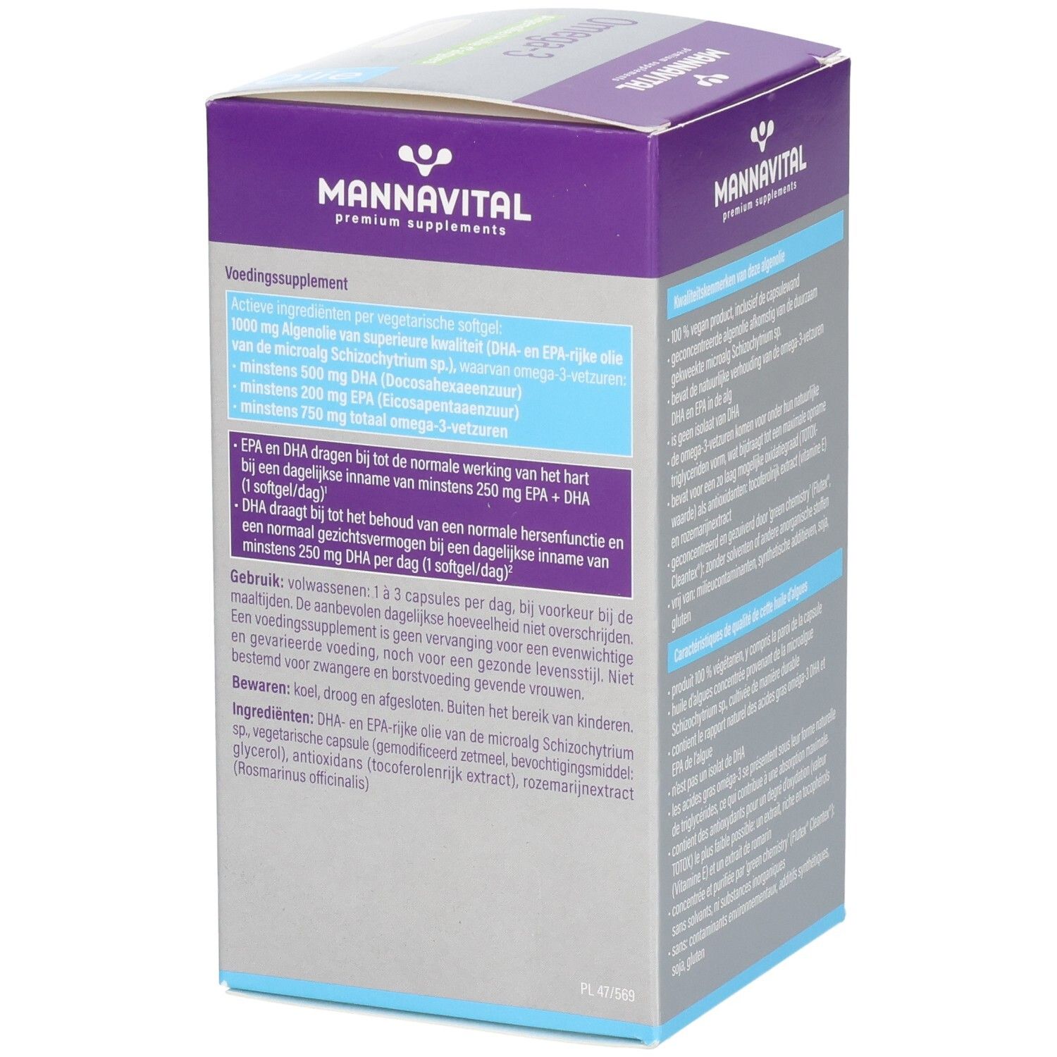 Verpakkingsdetails met productinformatie. Bevat informatie over gebruik en ingrediënten. Tekst in het Nederlands en Frans.