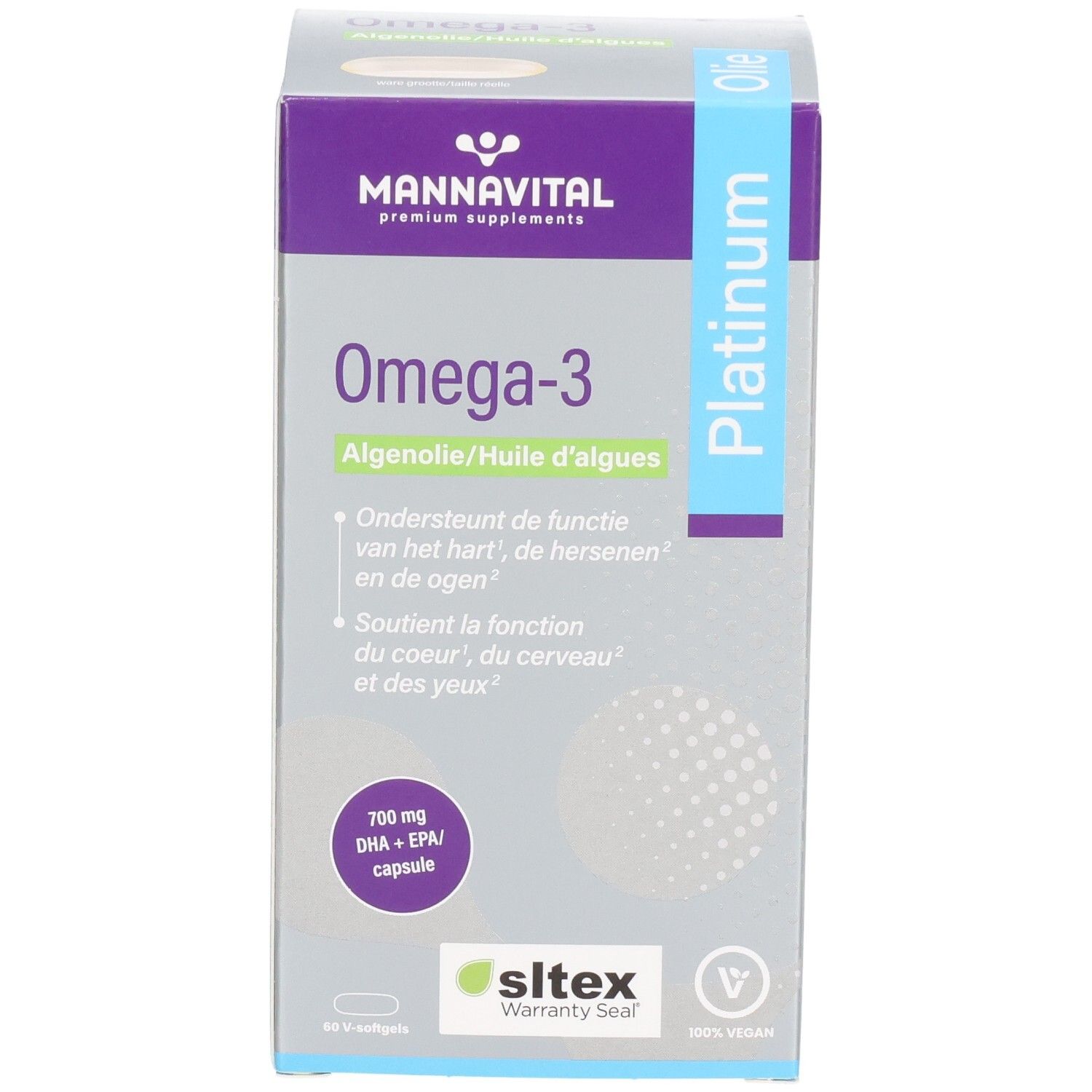 Voorkant van de verpakking. Opschrift: Mannavital Omega-3 Algenolie Platinum. Bevat 700 mg DHA + EPA per capsule. 60 V-softgels.