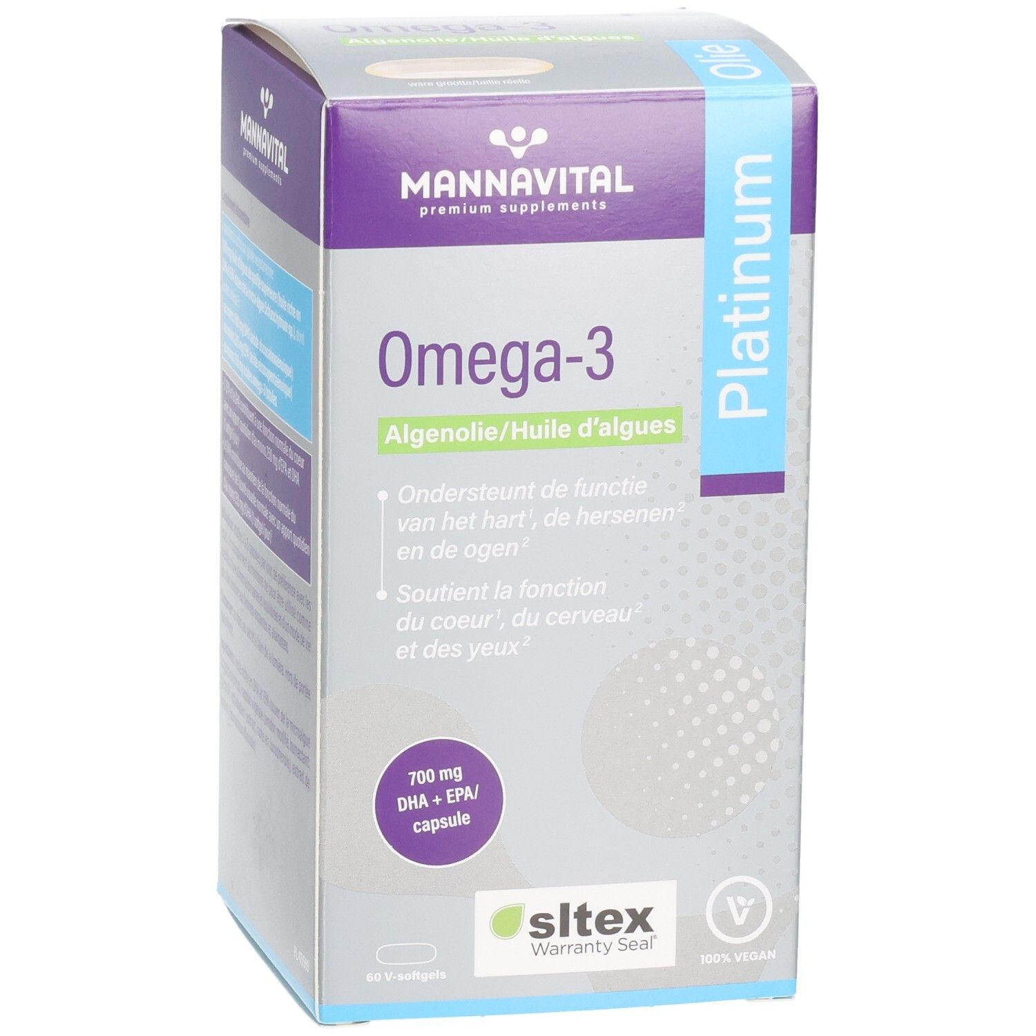 Voorkant van de verpakking. Opschrift: Mannavital Omega-3 Algenolie Platinum. Bevat 700 mg DHA + EPA per capsule. 60 V-softgels.