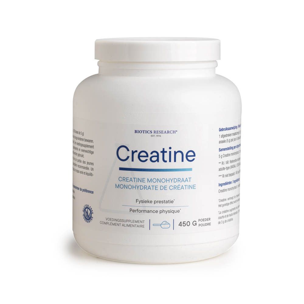 Pot de poudre blanche. Inscriptions: Biotics Research, Creatine, Creatine Monohydraat, 450 g.