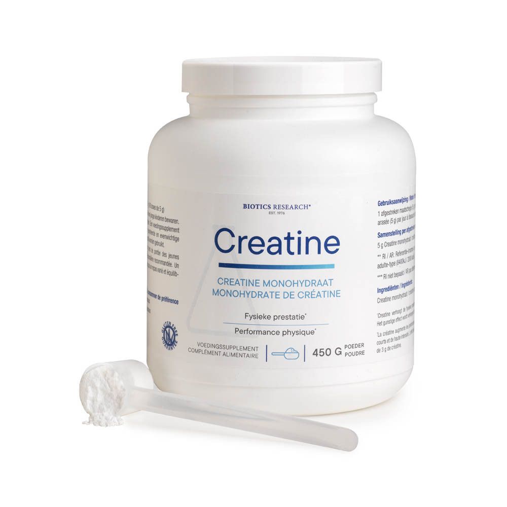 Witte poeder in pot en maatlepel. Opschrift: Biotics Research, Creatine, 450 g.