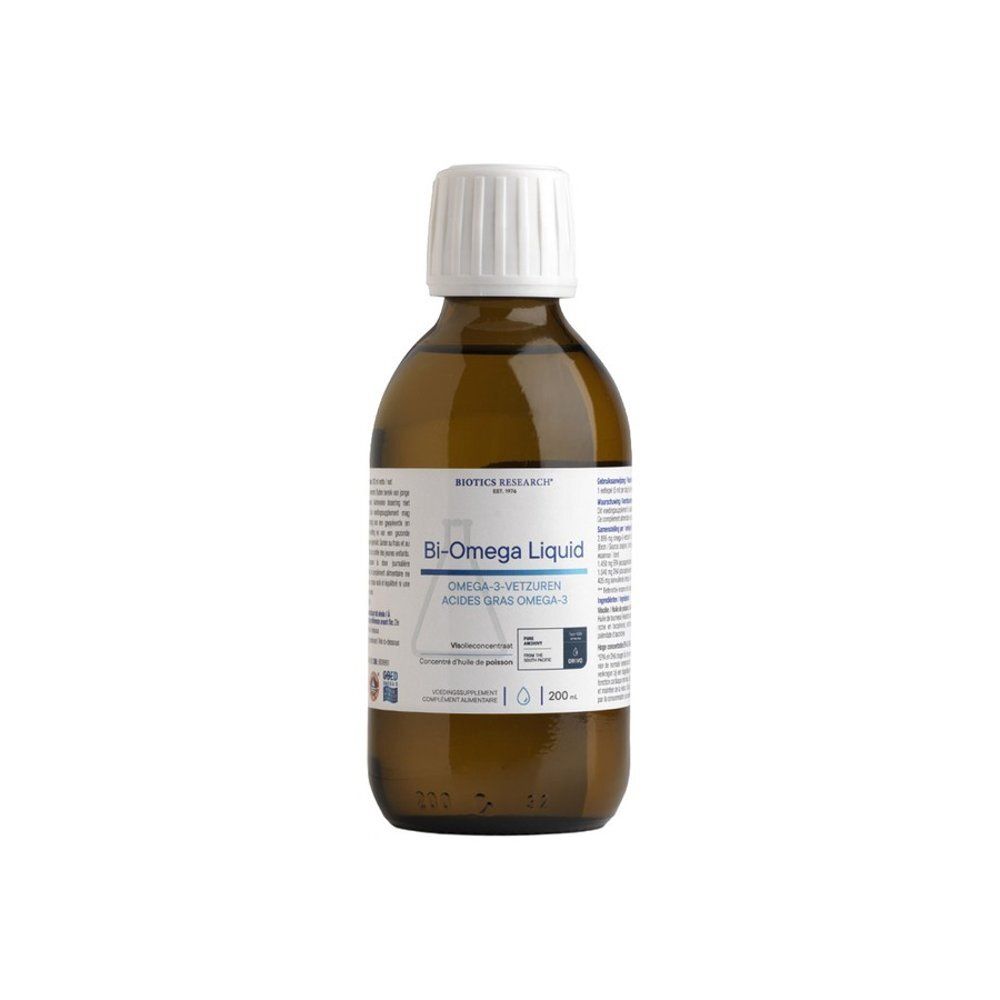 Amberkleurige glazen fles met witte dop, etiket met productnaam en details in het Frans.