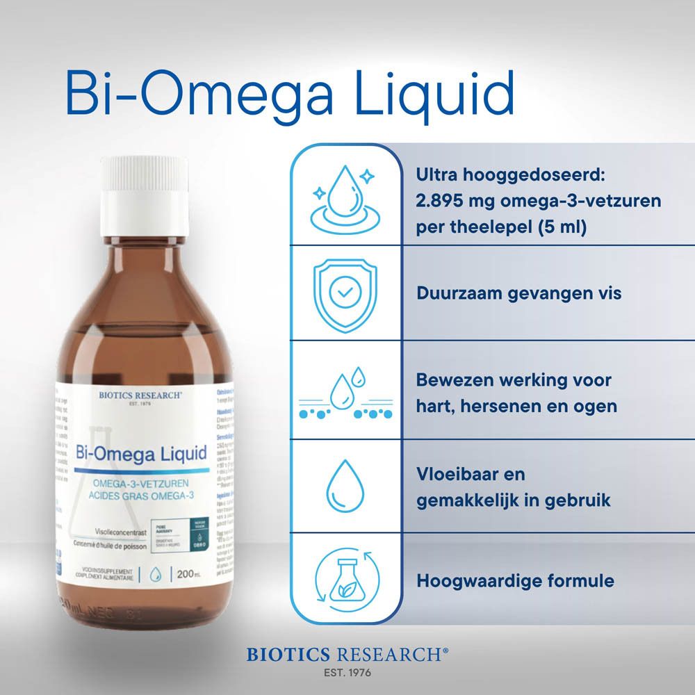 Amberkleurige glazen fles met witte dop, etiket met productnaam en details in het Nederlands.