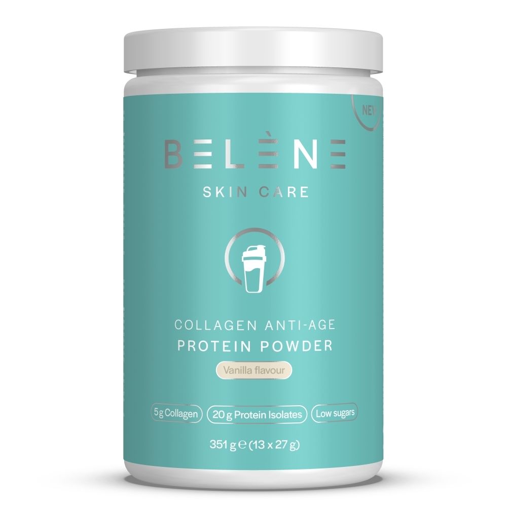 Belène Skin Care Collageen Anti-Age Proteïnepoeder Vanille. Pot van 351g met 5g collageen, 20g eiwit.