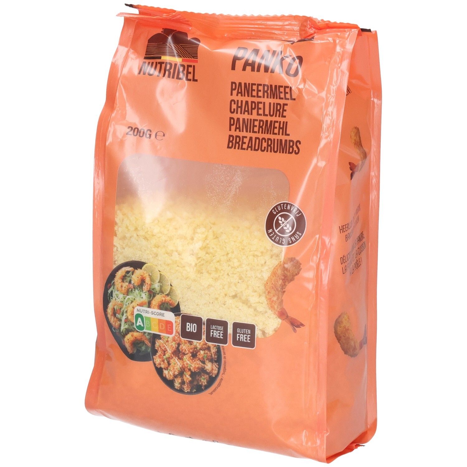 Oranje verpakking met Panko paneermeel. Transparant venster toont inhoud. Glutenvrij label. Bio- en voedingswaarde labels.