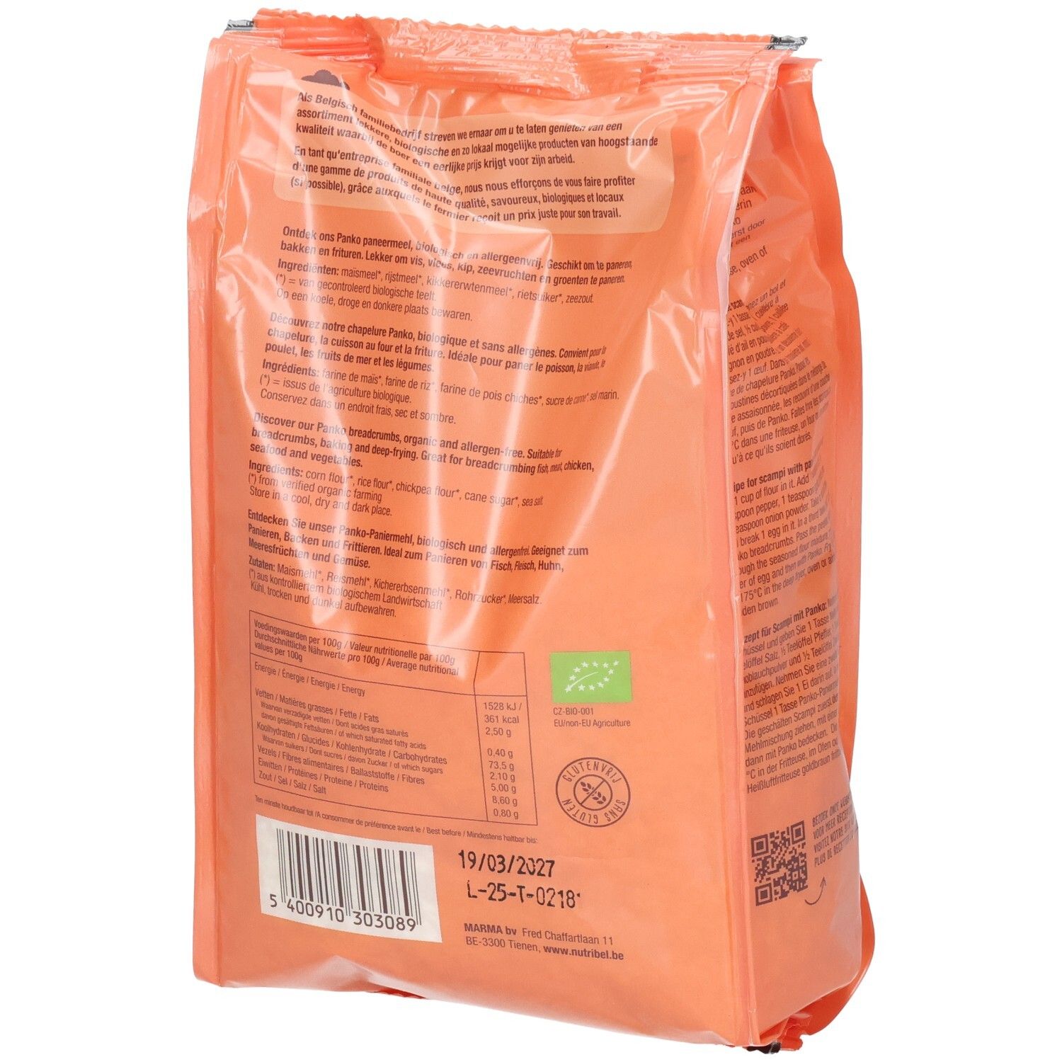 Achterkant van de oranje verpakking met Panko paneermeel. Meertalige tekst. Bio-label. Houdbaarheidsdatum.