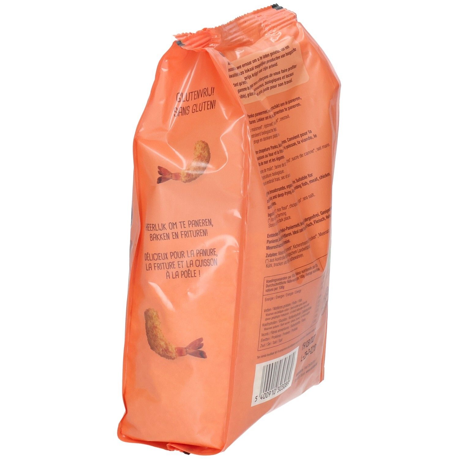 Schuine achterkant van de oranje verpakking met Panko paneermeel. Meertalige tekst. Glutenvrij vermelding.
