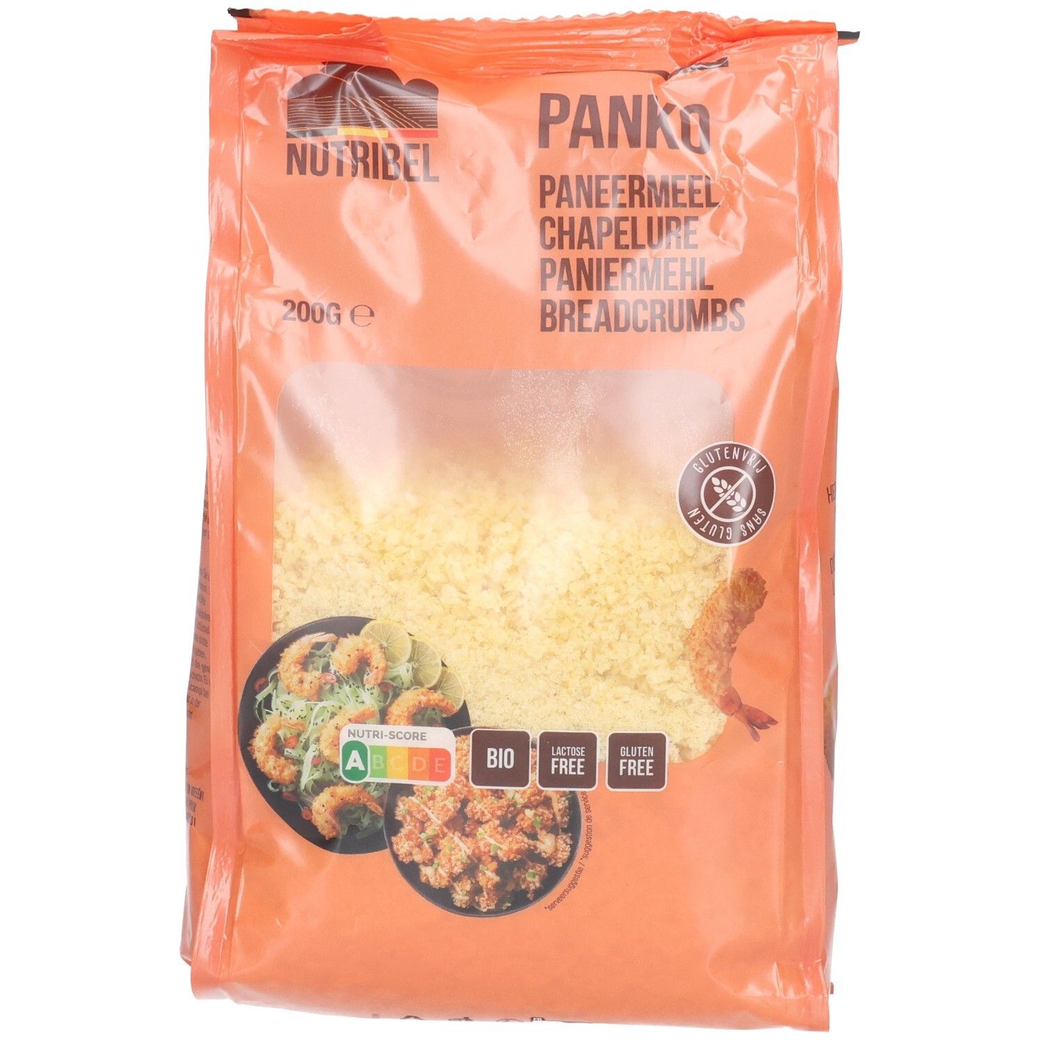 Oranje verpakking met Panko paneermeel. Transparant venster toont inhoud. Glutenvrij label. Bio- en voedingswaarde labels.