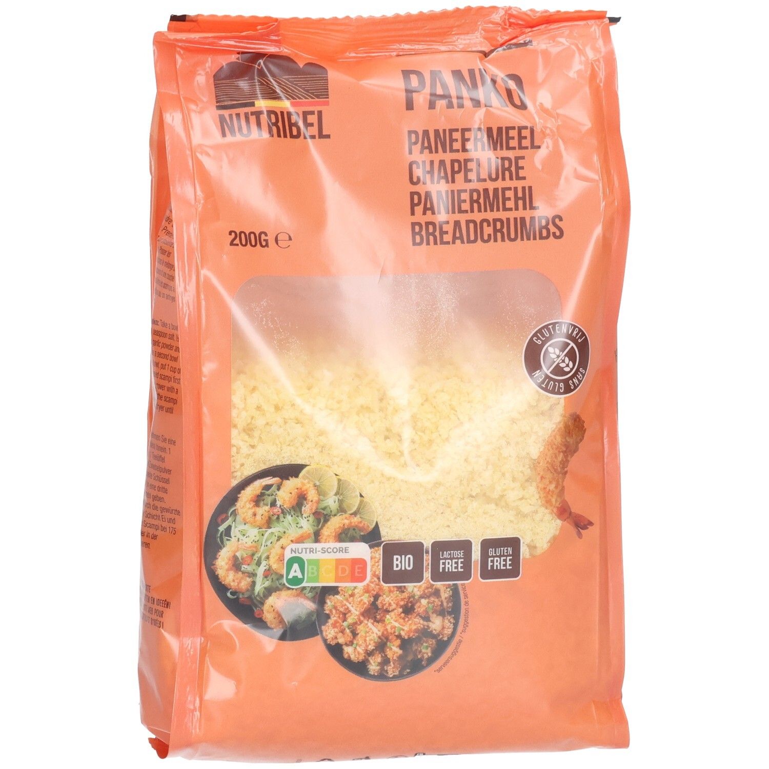 Oranje verpakking met Panko paneermeel. Transparant venster toont inhoud. Glutenvrij label. Bio- en voedingswaarde labels.