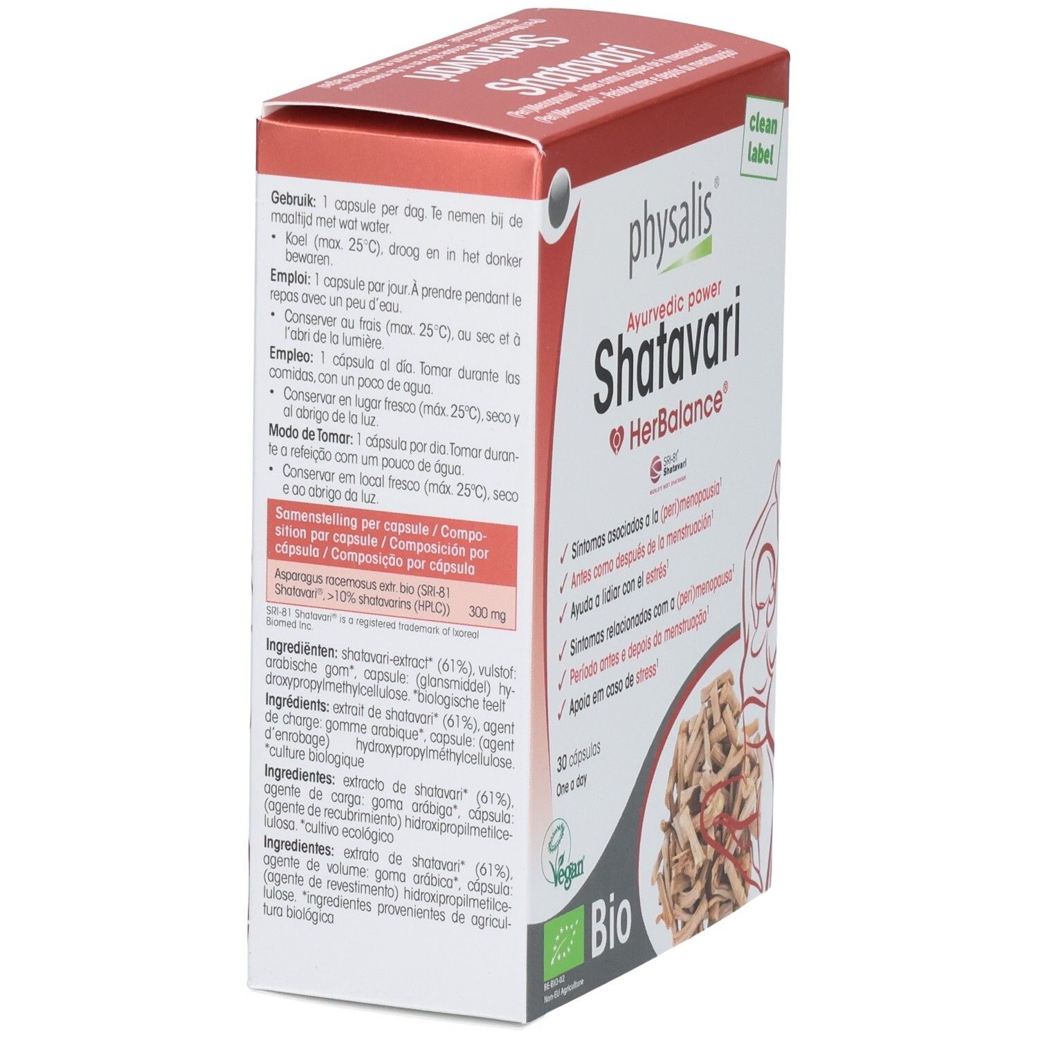 Achterkant van de Physalis Shatavari HerBalance verpakking met ingrediëntenlijst en gebruiksaanwijzing.