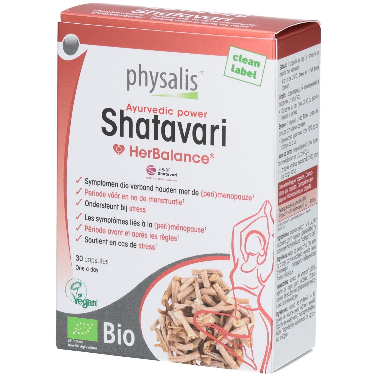 Voorkant van de Physalis Shatavari HerBalance verpakking met Bio en Vegan keurmerken.