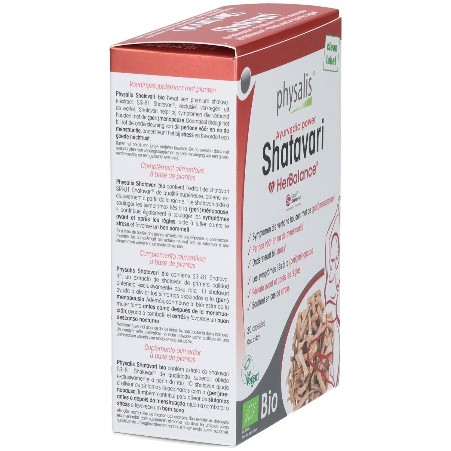 Zijaanzicht van de Physalis Shatavari HerBalance verpakking met gedetailleerde productinformatie.
