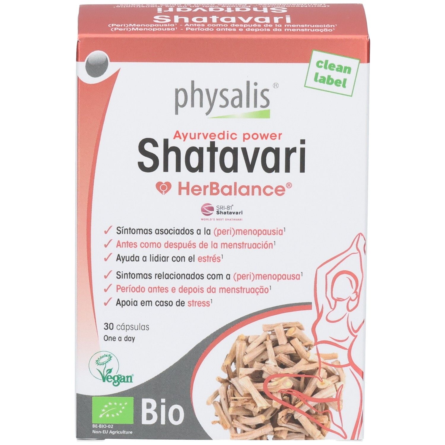 Physalis Shatavari HerBalance verpakking met afbeelding van Shatavari wortels en vrouwenfiguur.