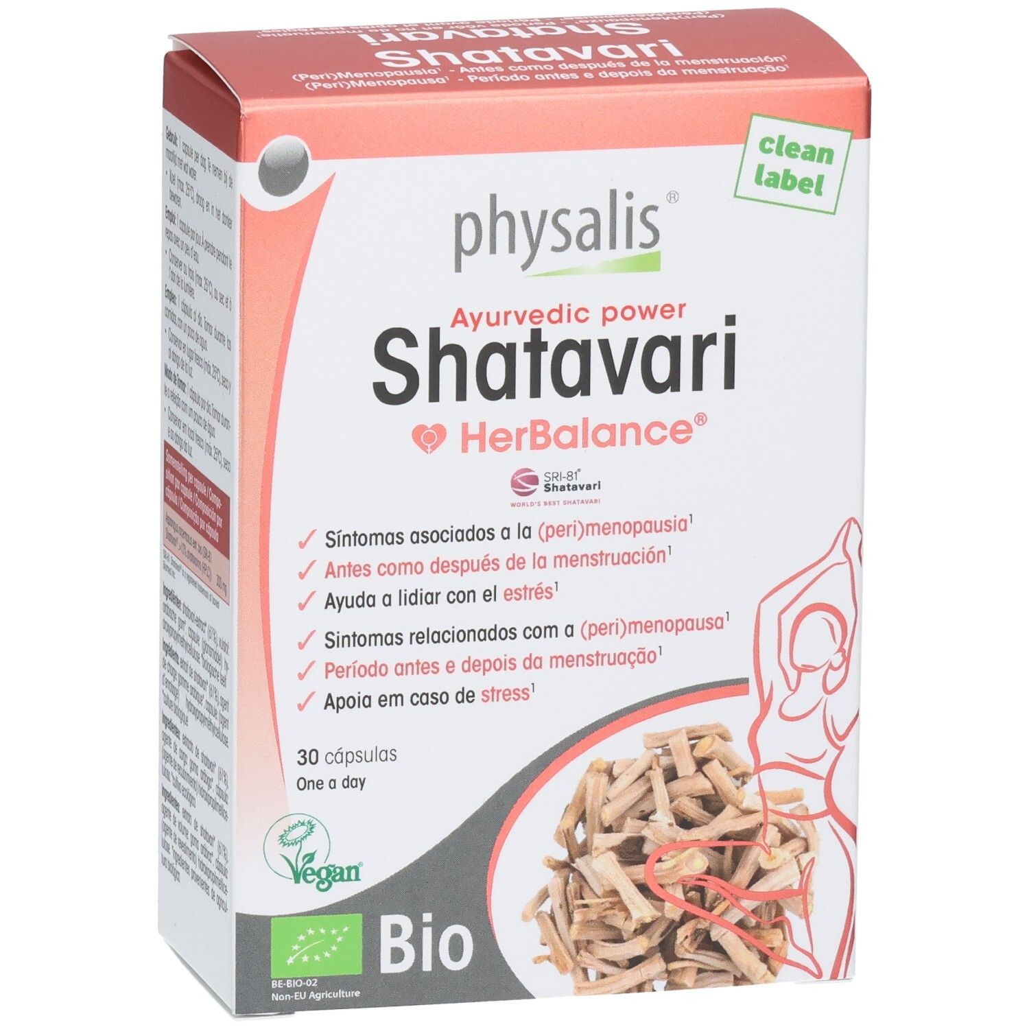 Vooraanzicht van de Physalis Shatavari HerBalance verpakking, 30 capsules, Bio kwaliteit.