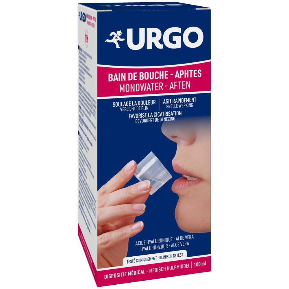 Emballage du produit. Boîte avec marque URGO. Bain de bouche pour aphtes. 100 ml. Texte et illustrations.