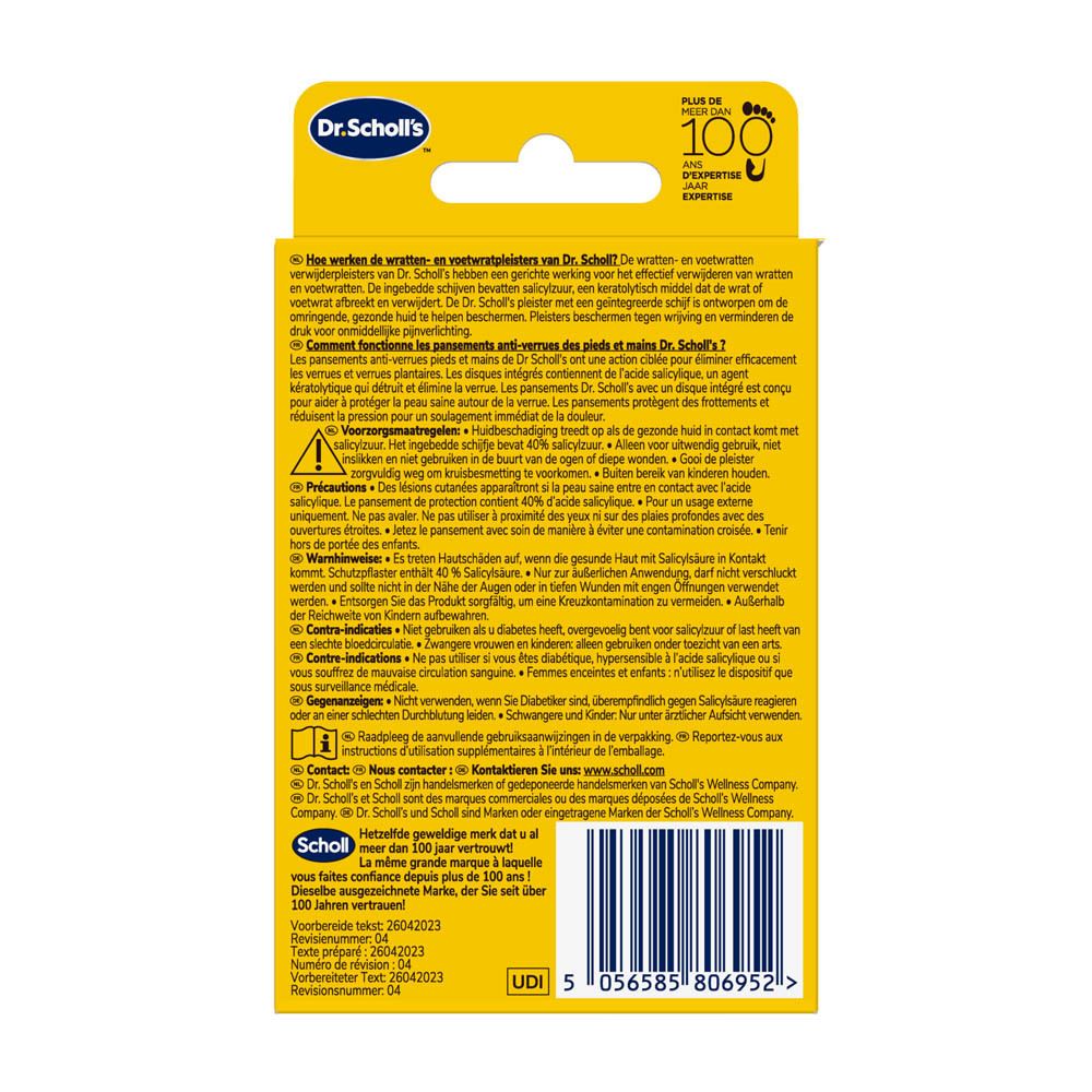Achterkant van de verpakking van Dr. Scholl's wrattenverwijderpleisters. Tekst in meerdere talen, logo en informatie.