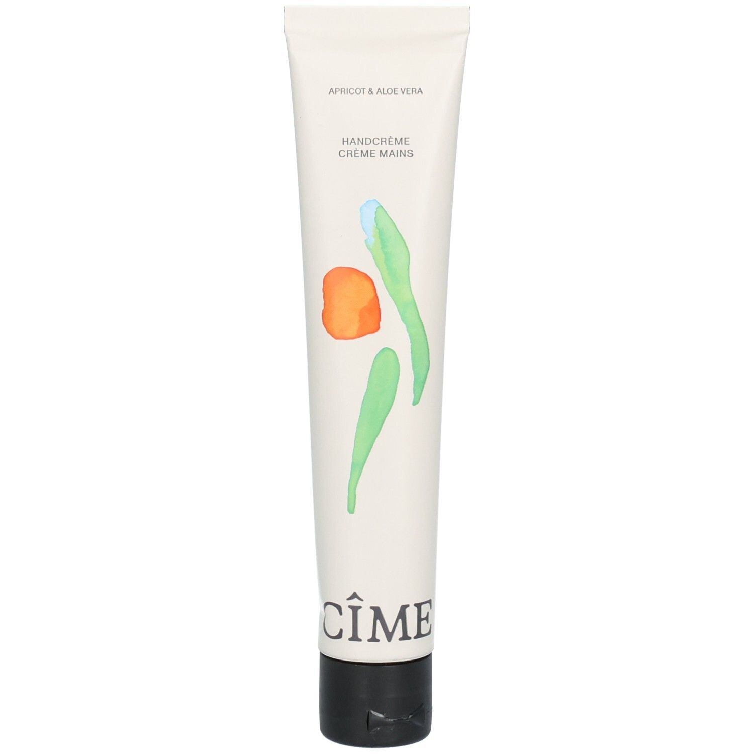 Crèmetube met zwarte dop. Opschrift: Handcrème, Cîme. Illustraties: oranje en groene vormen. Tekst: Apricot & Aloe Vera.