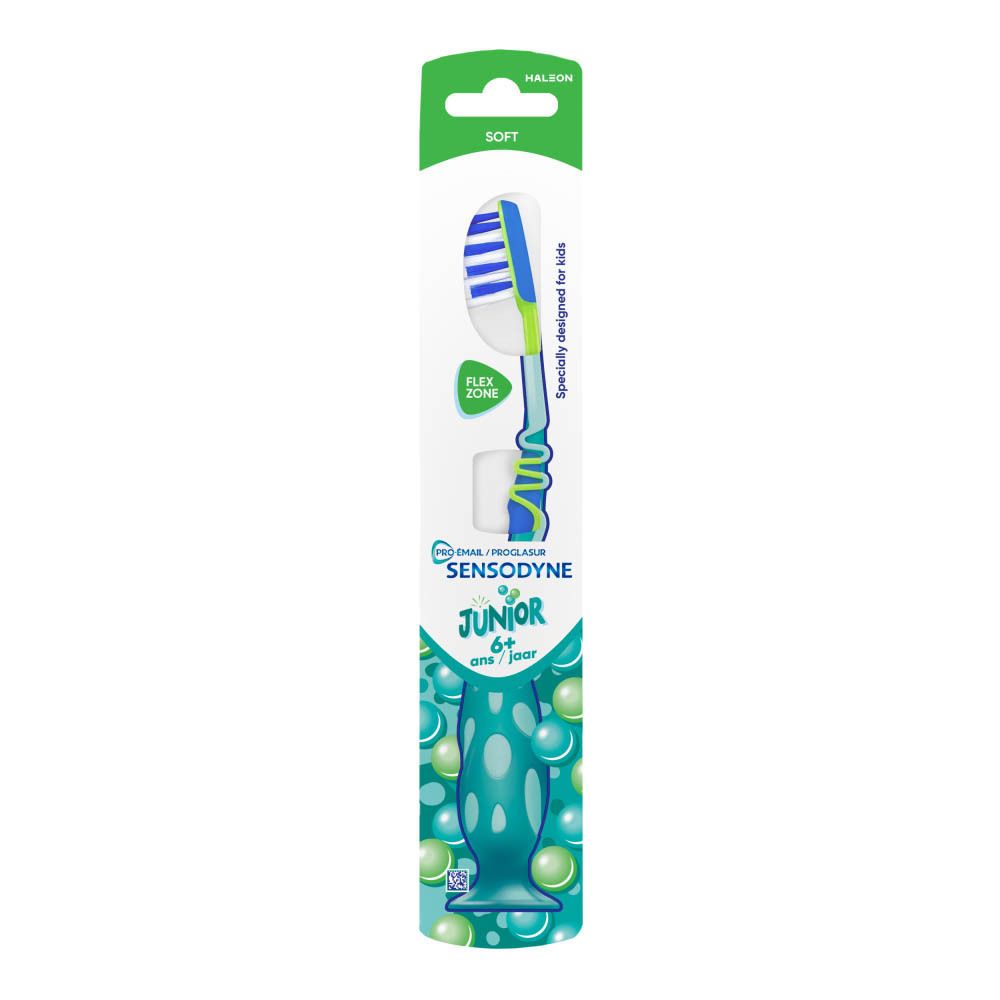 Brosse à dents Sensodyne Junior souple, pour enfants dès 6 ans, en emballage blister.