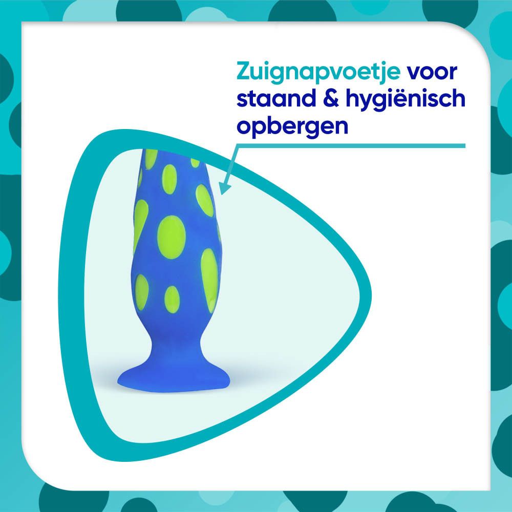 Sensodyne Junior tandenborstel met zuignapvoet voor staande en hygiënische opslag.