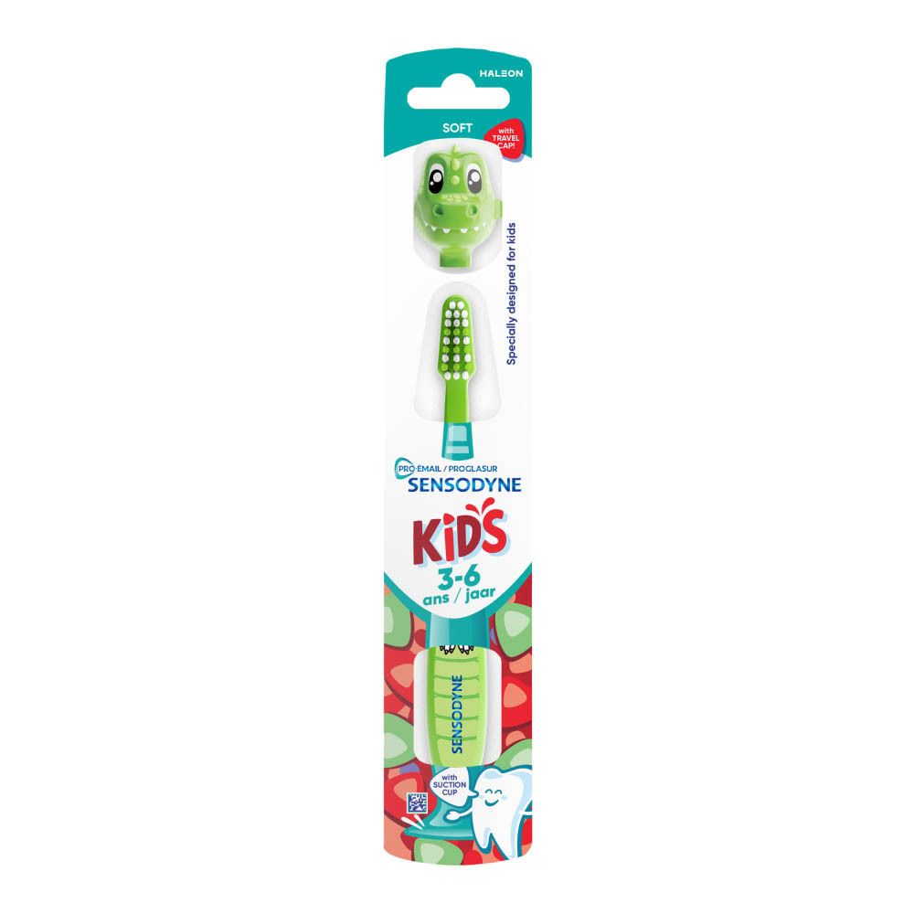 Sensodyne tandenborstel voor kinderen met dierenkop en beschermkapje.
