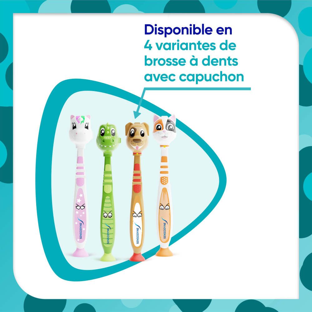 Brosses à dents Sensodyne enfant, 4 modèles animaux avec capuchons.