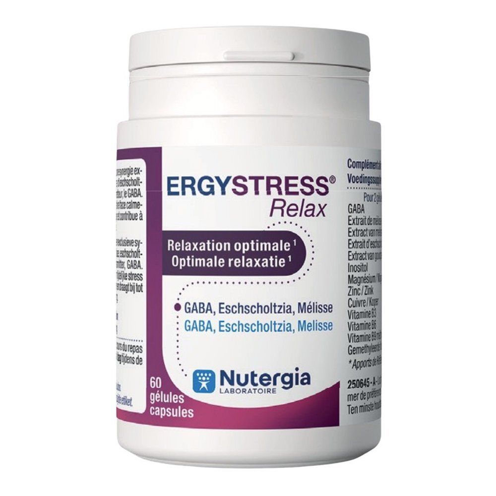 Flacon de gélules ERGYSTRESS® Relax. Vue de face avec informations produit.