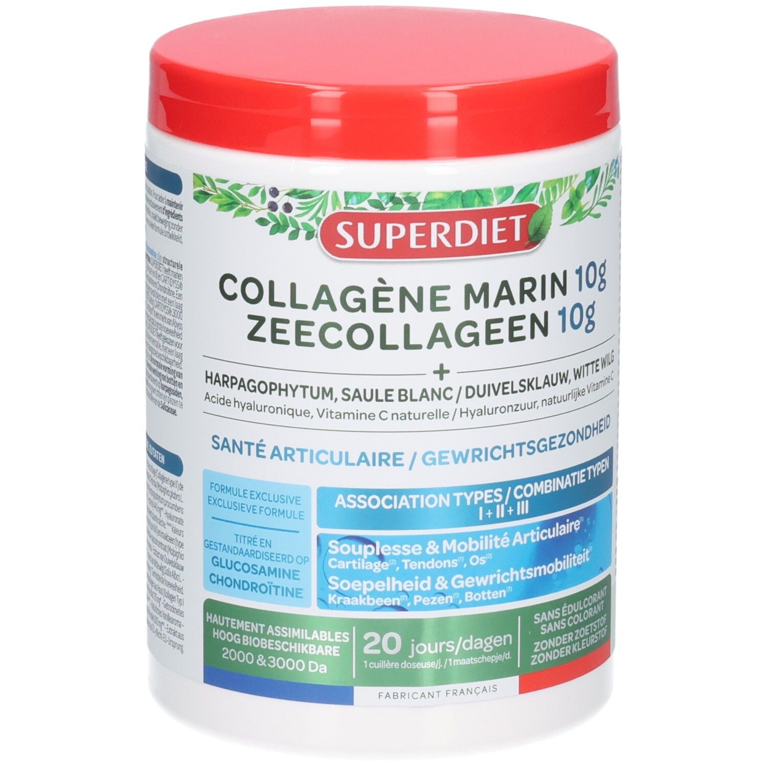 Witte pot met rode deksel. Opschrift: SUPERDIET, COLLAGÈNE MARIN 10g, ZEECOLLAGEEN 10g. Voor gewrichtsgezondheid. Bevat vitamine C.