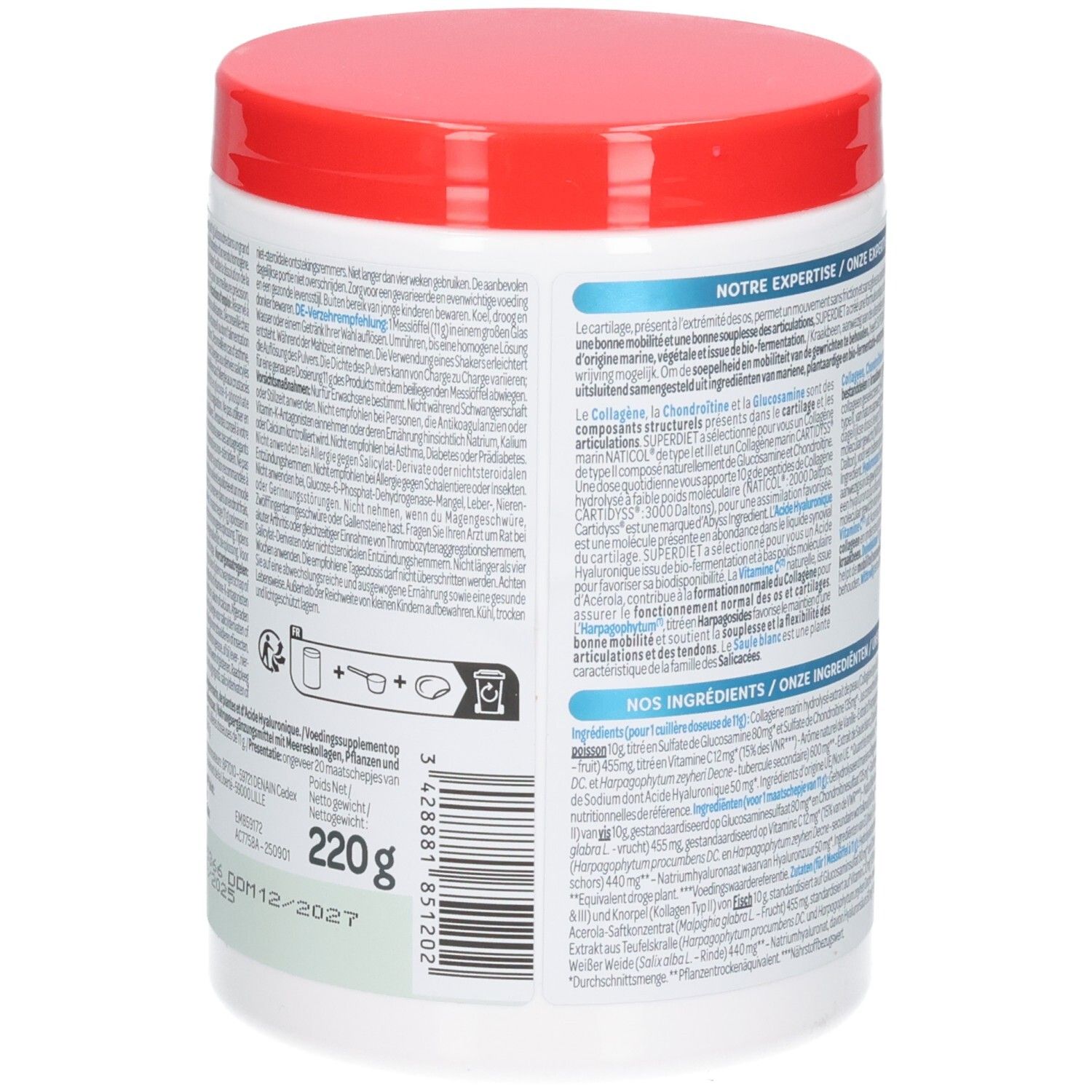 Achterkant van een witte pot met rode deksel. Bevat 220g. Tekstuele informatie over ingrediënten en gebruik.
