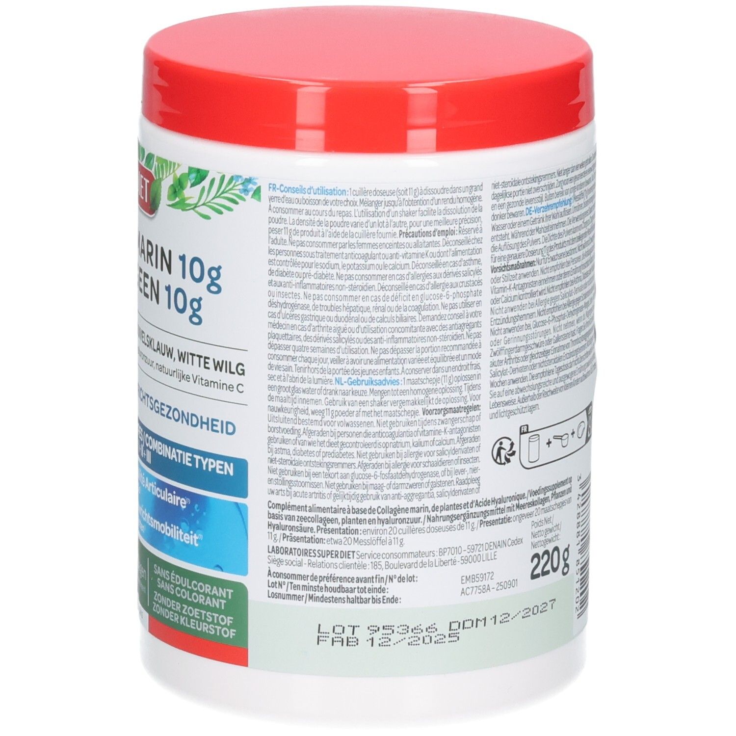 Achterkant van een witte pot met rode deksel. Bevat 220g. Tekstuele informatie over ingrediënten en gebruik.