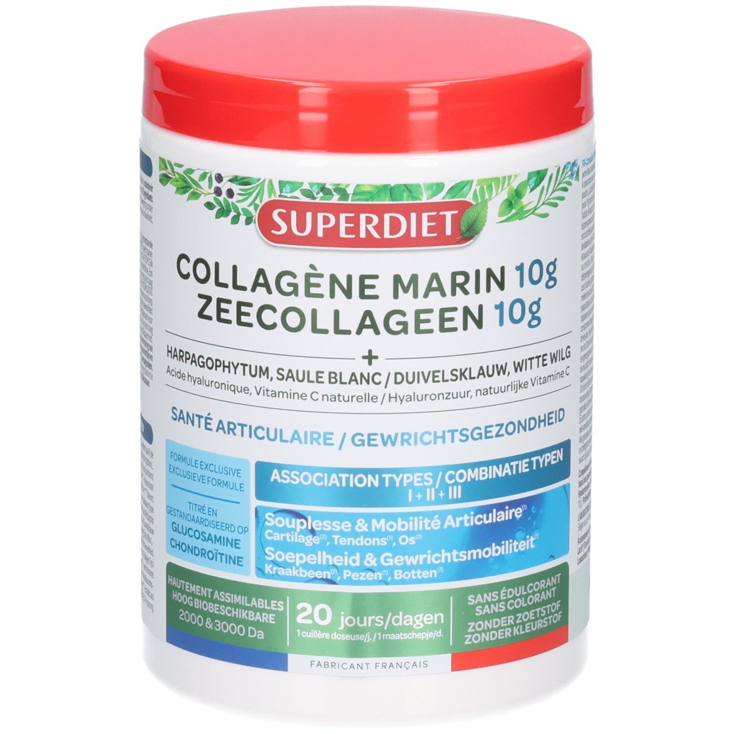 Witte pot met rode deksel. Opschrift: SUPERDIET, COLLAGÈNE MARIN 10g, ZEECOLLAGEEN 10g. Voor gewrichtsgezondheid. Zonder zoetstof.