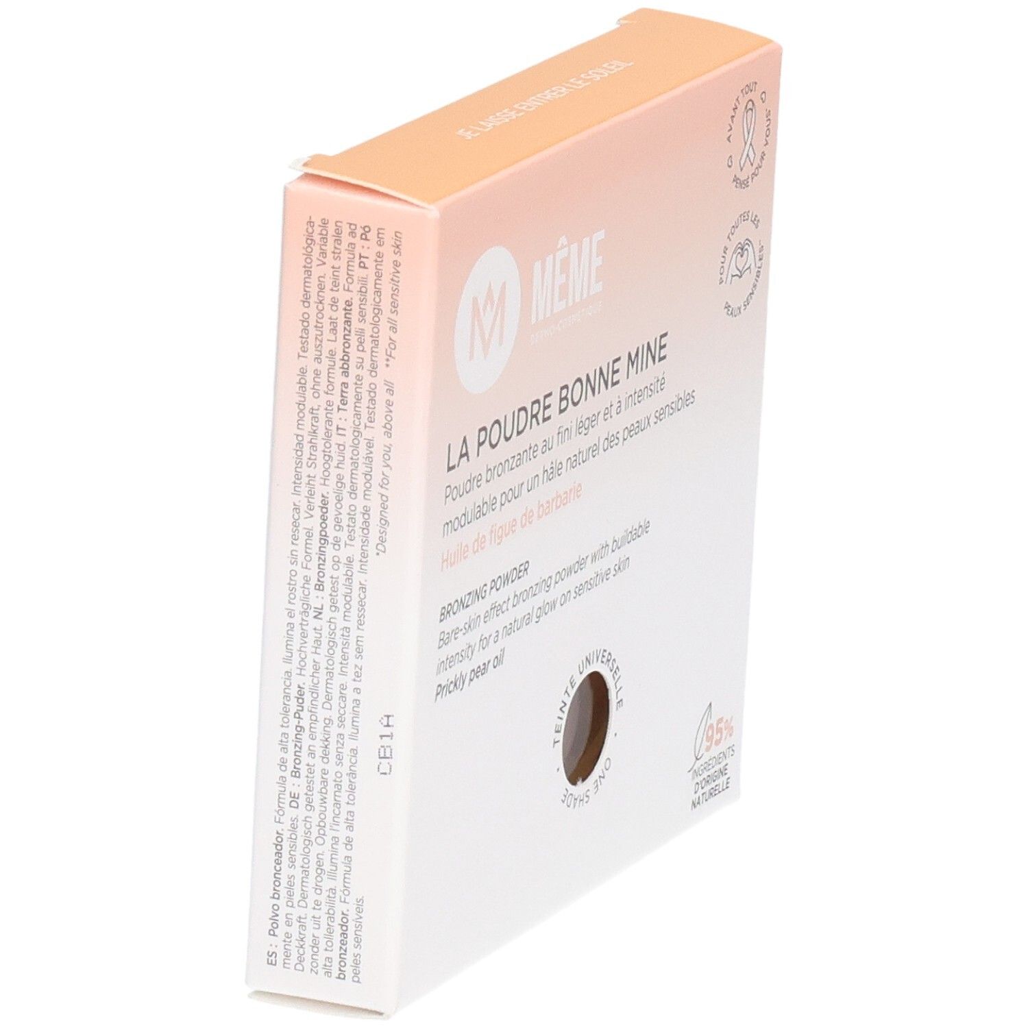 MEME Zonnepoeder 8g. Vue oblique de l'emballage. Inscription: LA POUDRE BONNE MINE, Bronzing Powder. Produit visible au centre.