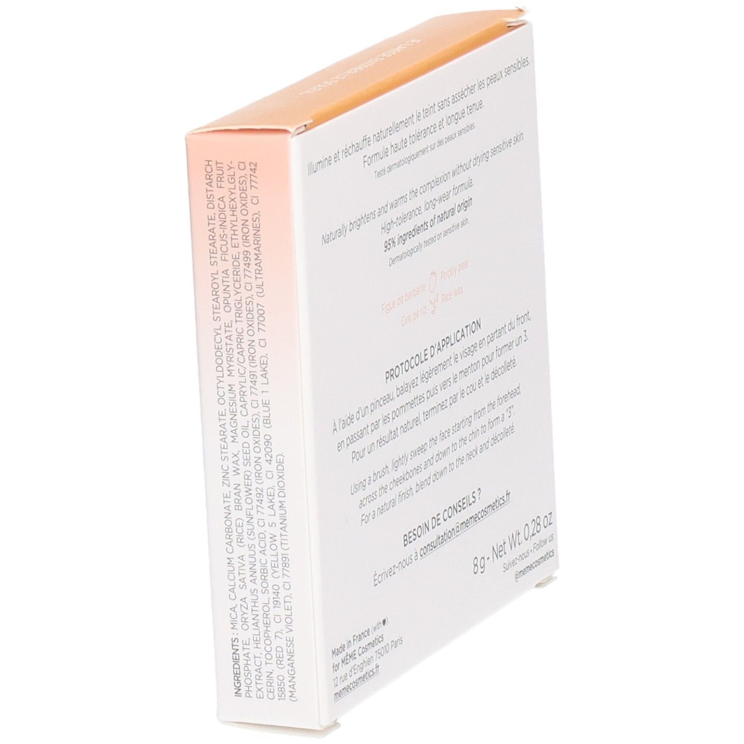 MEME Zonnepoeder 8g. Vue oblique de l'emballage. Texte: Ingrédients, 8g - Poids net 0,28 oz. Adresse: memecosmetics.fr.