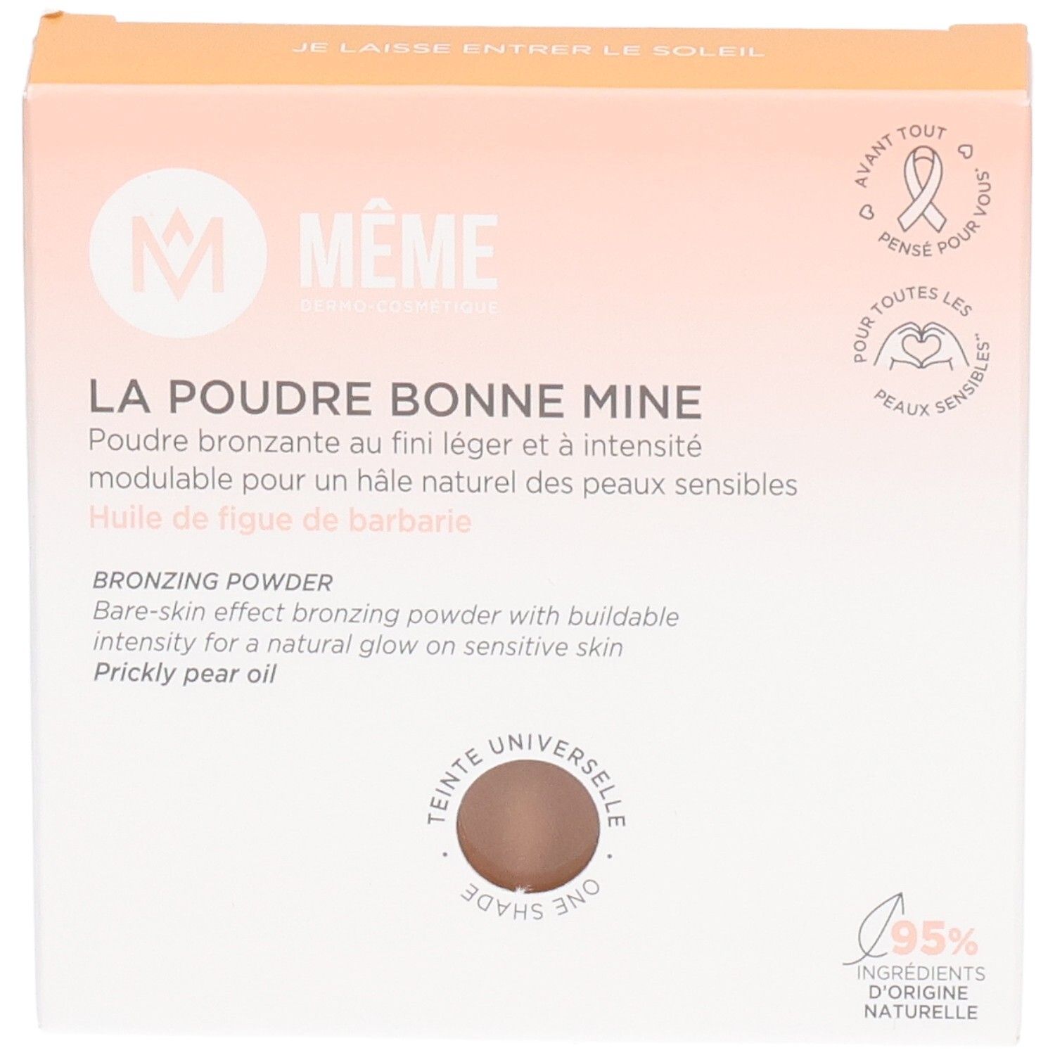 MEME Zonnepoeder 8g. Boîte rectangulaire rose et blanche. Inscription: LA POUDRE BONNE MINE, Bronzing Powder. Produit visible au centre.