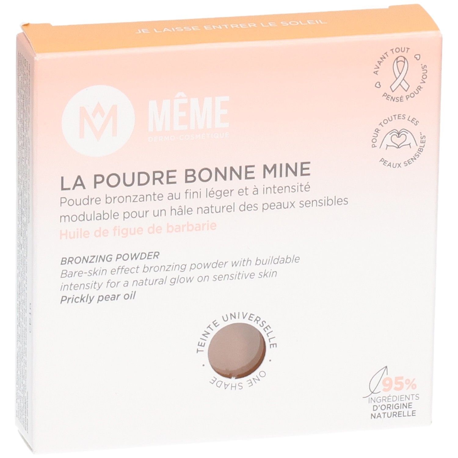 MEME Zonnepoeder 8g. Boîte rectangulaire rose et blanche. Inscription: LA POUDRE BONNE MINE, Bronzing Powder. Produit visible au centre.