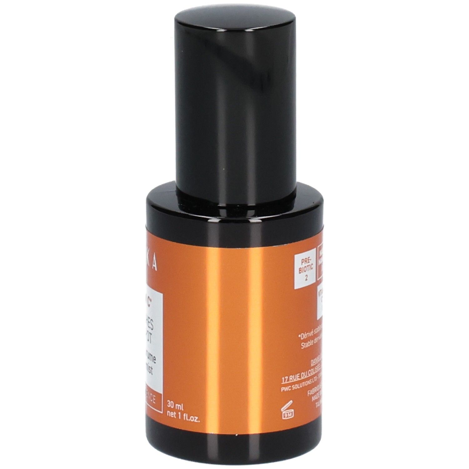 Flacon avec étiquette orange indiquant 30 ml de contenu net.