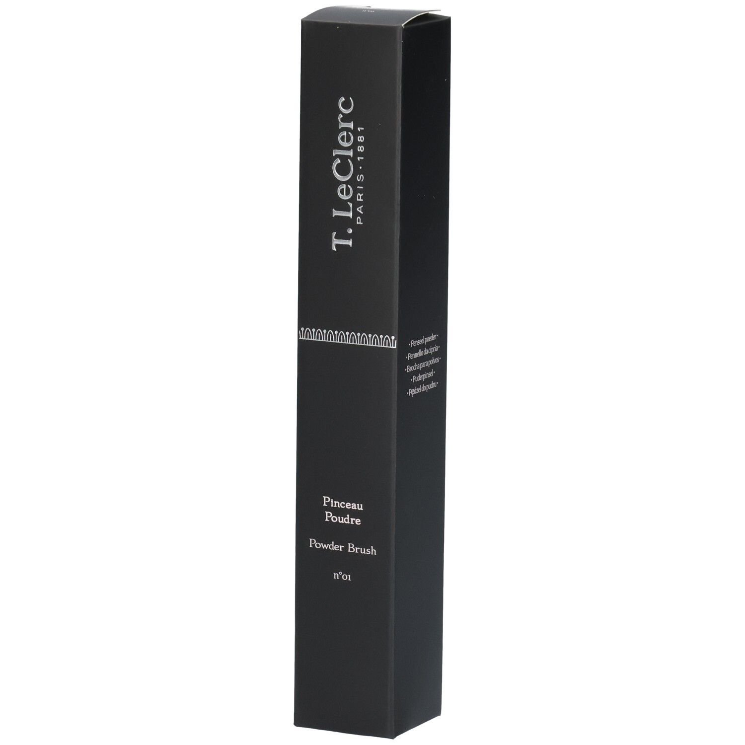 Boîte noire avec informations produit. "T. LeClerc PARIS 1881" en haut. En dessous, "Pinceau Poudre Powder Brush n°01".