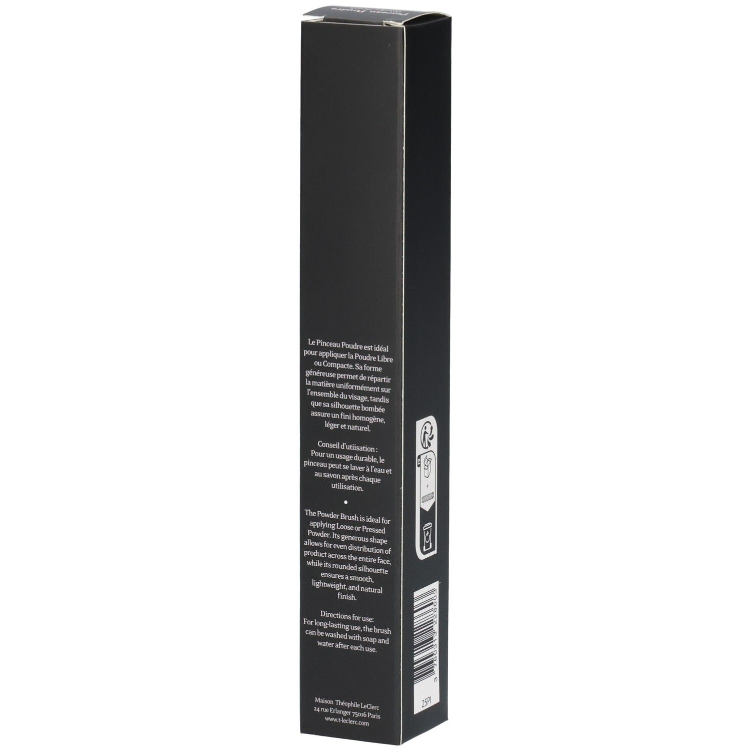 Boîte noire avec texte. Description du produit en français et anglais. Symbole de recyclage. "Pinceau Poudre Powder Brush".
